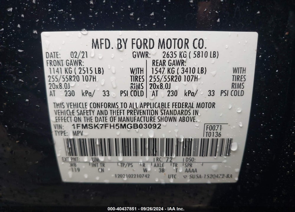 2021 FORD EXPLORER LIMITED VIN: 1FMSK7FH5MGB03092