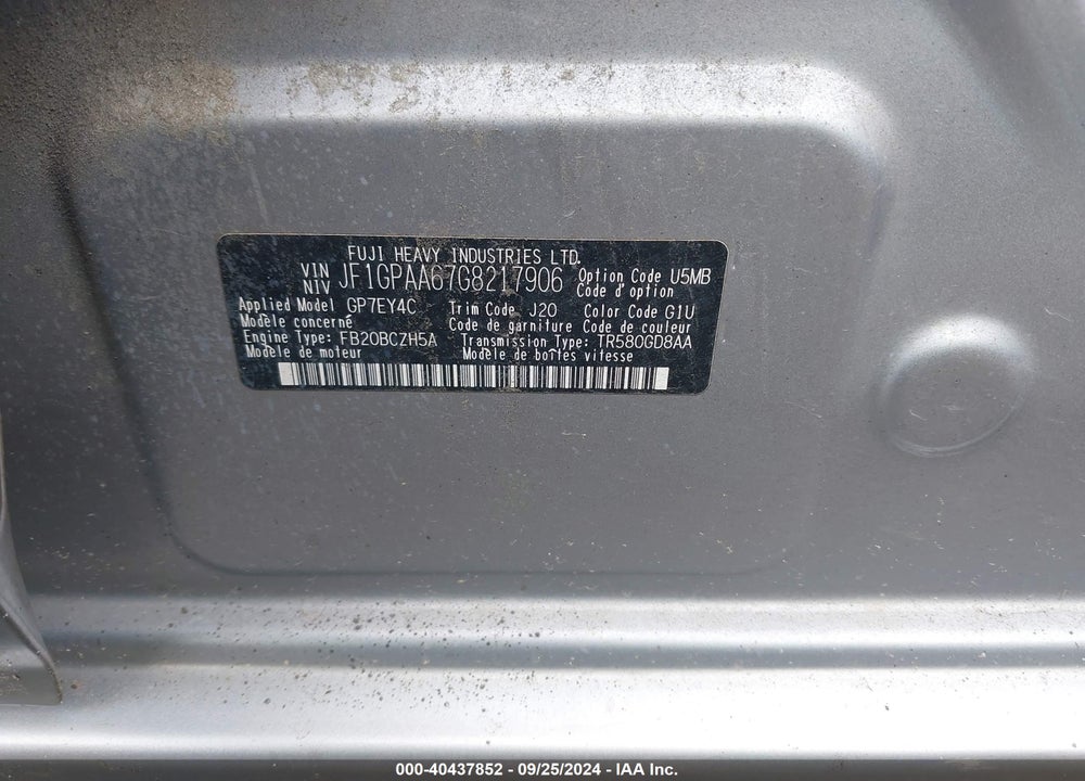 2016 SUBARU IMPREZA 2.0I VIN: JF1GPAA67G8217906