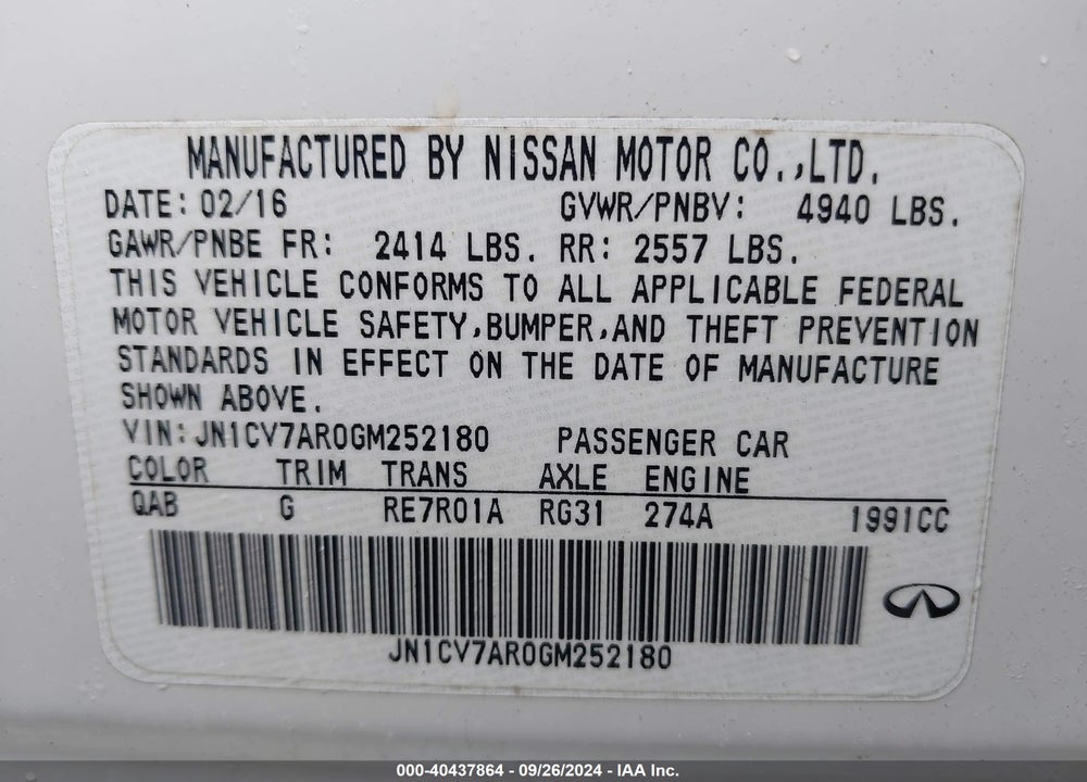 2016 INFINITI Q50 2.0T PREMIUM VIN: JN1CV7AR0GM252180