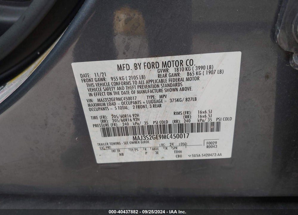 2021 FORD ECOSPORT SE VIN: MAJ3S2GE9MC450017