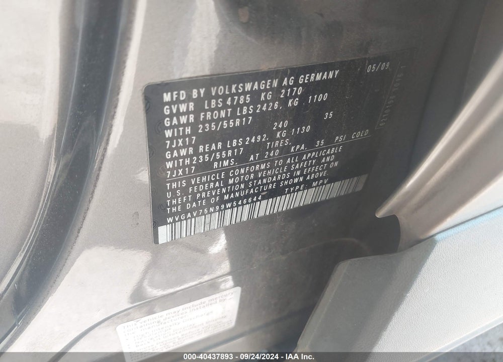 2009 VOLKSWAGEN TIGUAN SE VIN: WVGAV75N99W546644