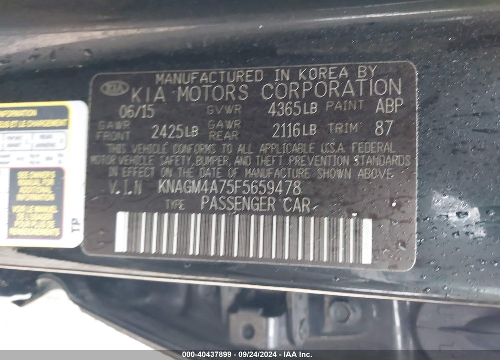 2015 KIA OPTIMA LX VIN: KNAGM4A75F5659478