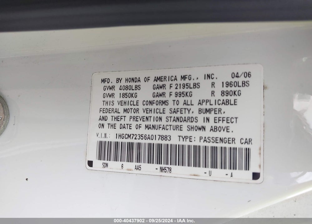 2006 HONDA ACCORD 2.4 LX VIN: 1HGCM72356A017883