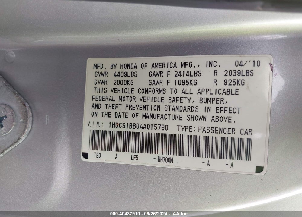 2010 HONDA ACCORD 2.4 EX-L VIN: 1HGCS1B80AA015790
