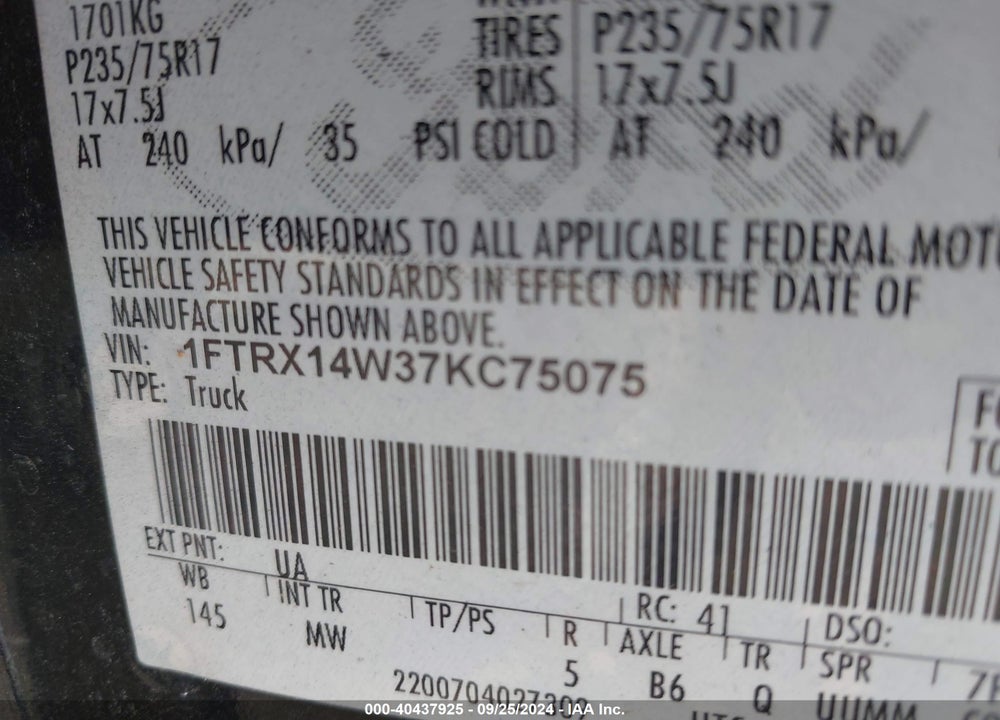 2007 FORD F-150 FX4/STX/XL/XLT VIN: 1FTRX14W37KC75075