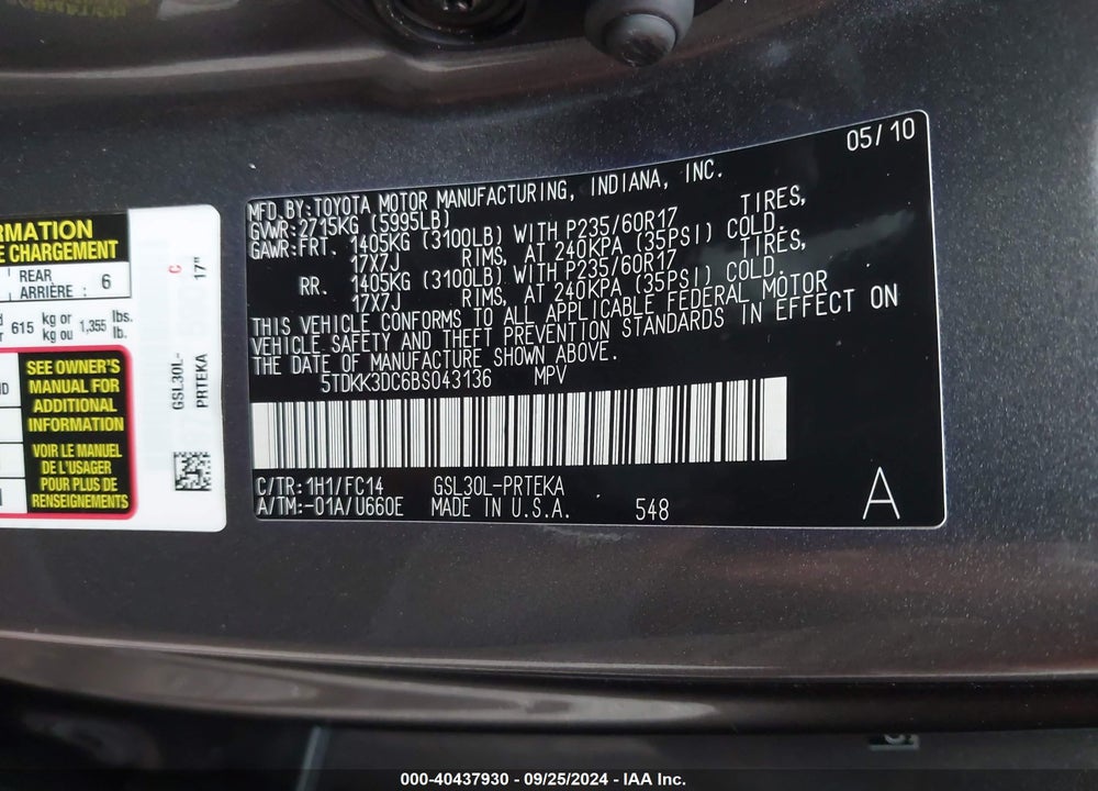 2011 TOYOTA SIENNA LE V6 VIN: 5TDKK3DC6BS043136