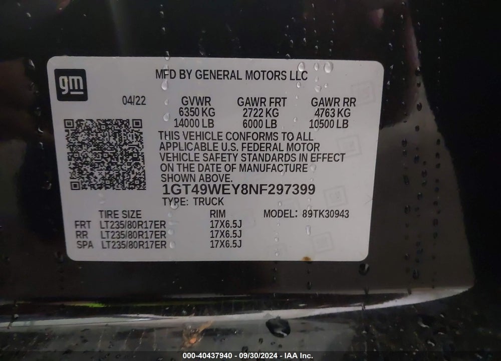 2022 GMC SIERRA 3500HD VIN: 1GT49WEY8NF297399