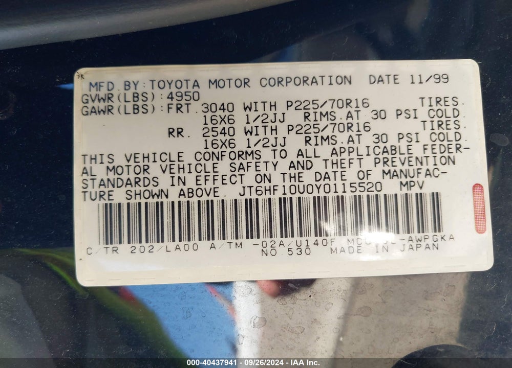 2000 LEXUS RX 300 VIN: JT6HF10U0Y0115520