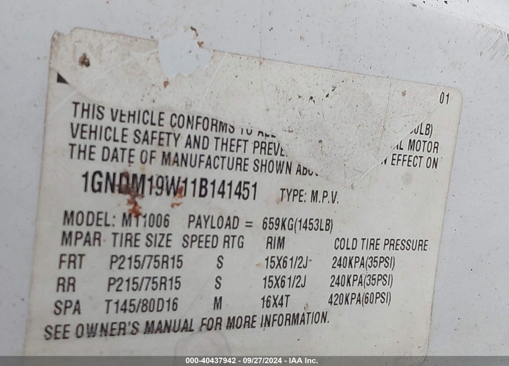2001 CHEVROLET ASTRO LS VIN: 1GNDM19W11B141451