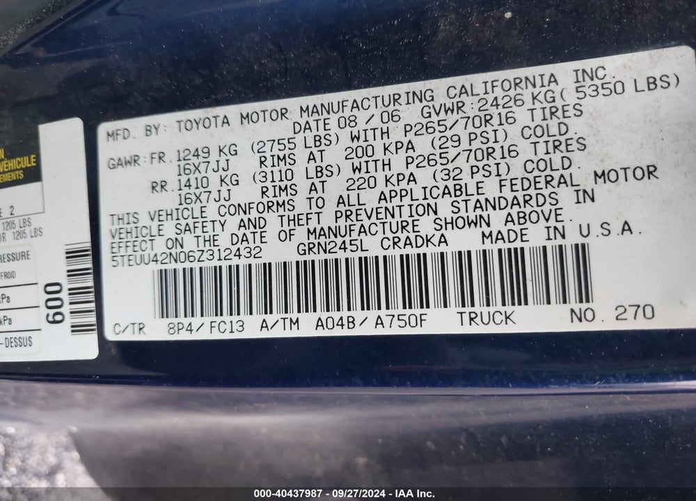 2006 TOYOTA TACOMA BASE V6 VIN: 5TEUU42N06Z312432