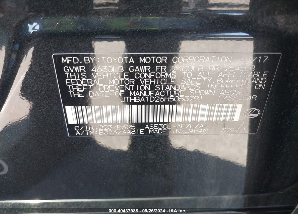 2017 LEXUS IS 200T VIN: JTHBA1D26H5053791