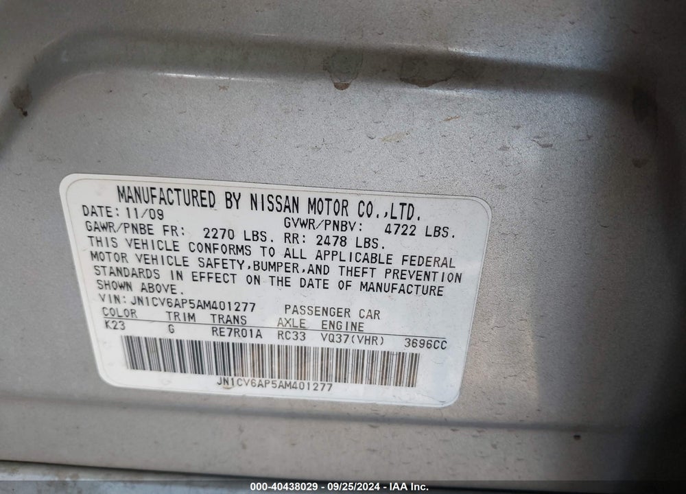 2010 INFINITI G37 JOURNEY VIN: JN1CV6AP5AM401277