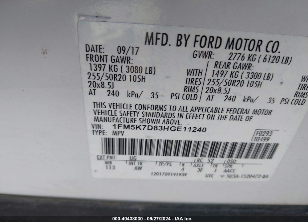 2017 FORD EXPLORER XLT VIN: 1FM5K7D83HGE11240