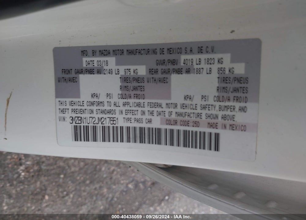 2018 MAZDA 3 SPORT VIN: 3MZBN1U72JM217651