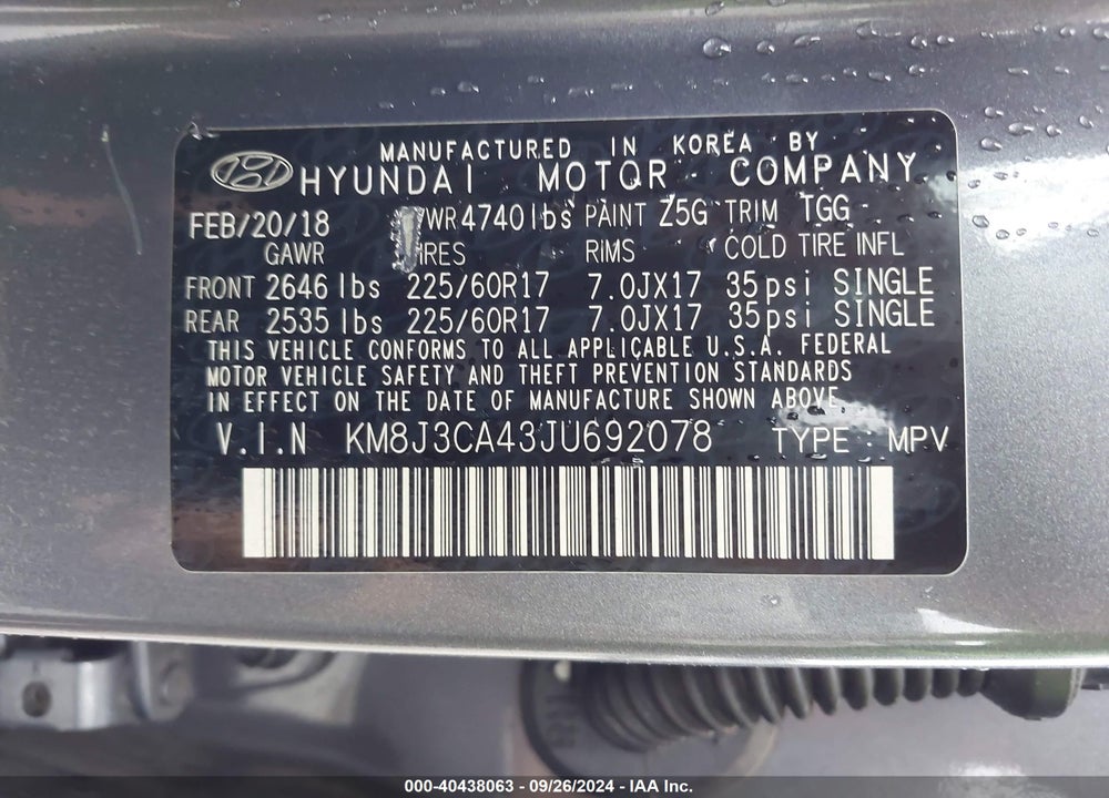 2018 HYUNDAI TUCSON SEL VIN: KM8J3CA43JU692078