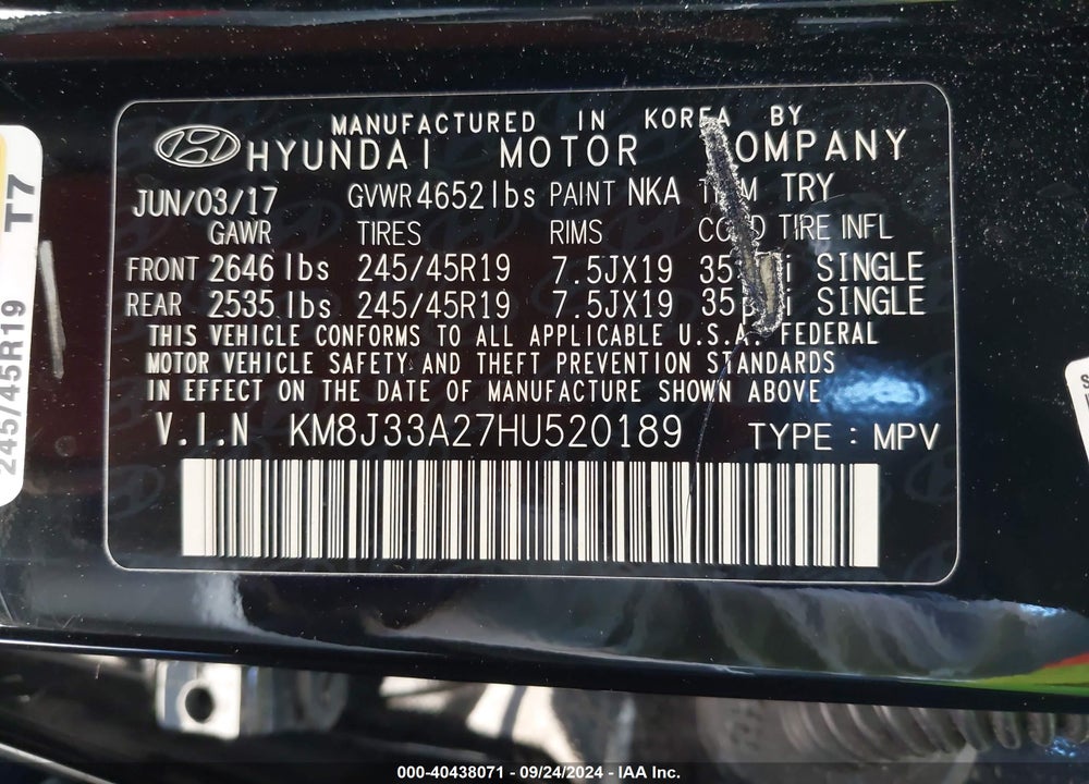2017 HYUNDAI TUCSON NIGHT VIN: KM8J33A27HU520189