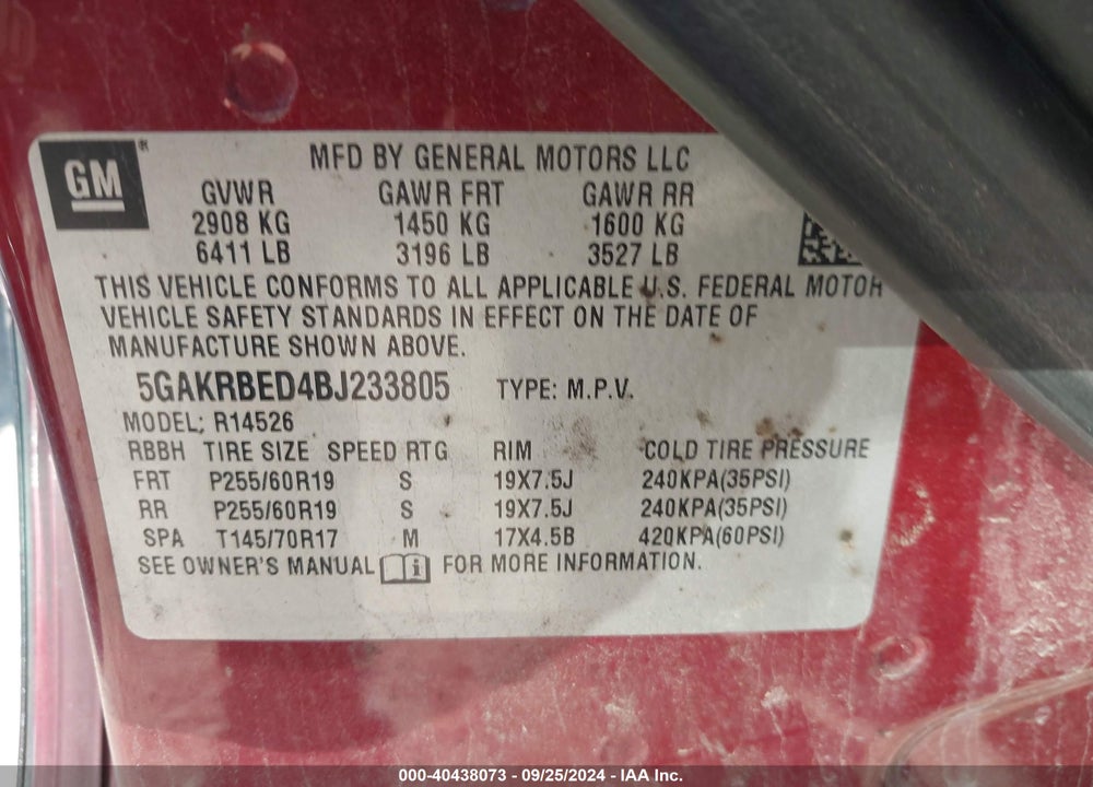 2011 BUICK ENCLAVE 1XL VIN: 5GAKRBED4BJ233805