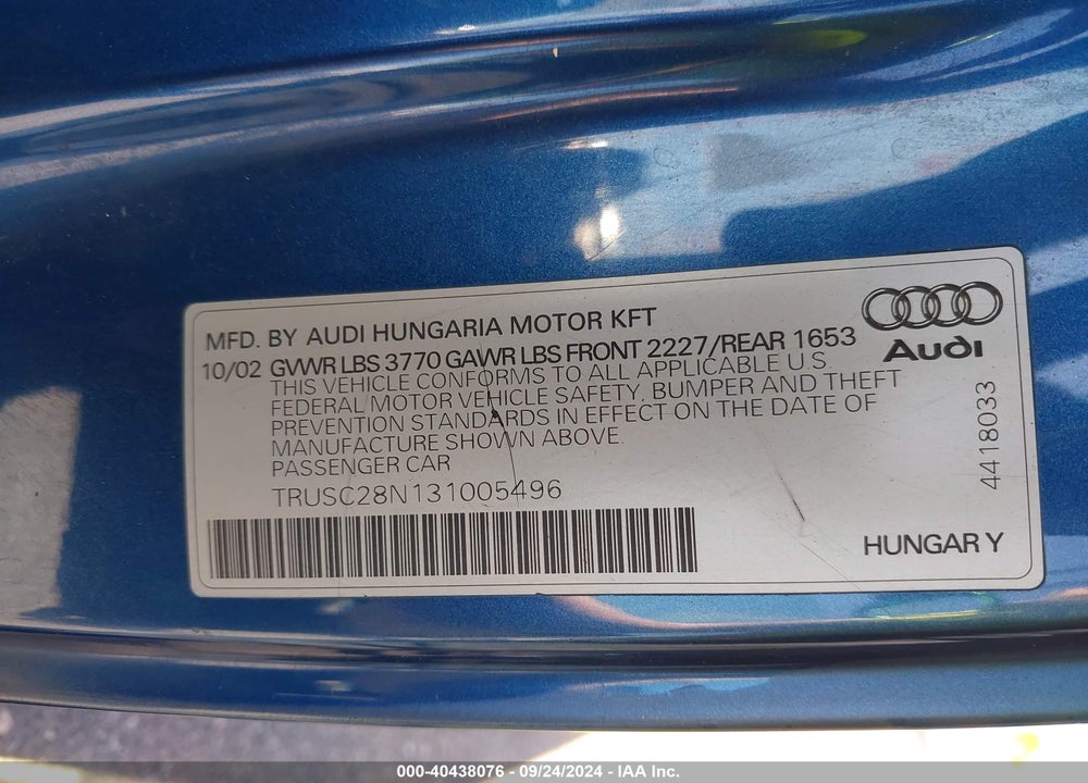 2003 AUDI TT 1.8L VIN: TRUSC28N131005496