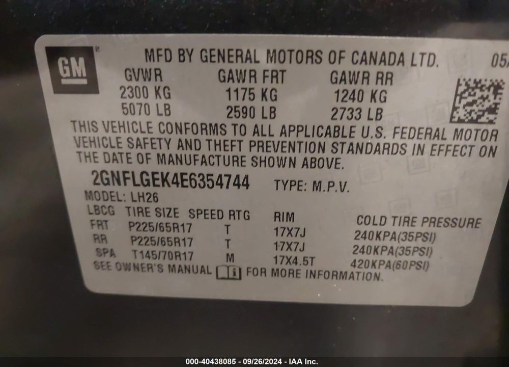 2014 CHEVROLET EQUINOX 2LT VIN: 2GNFLGEK4E6354744