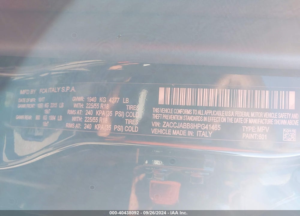 2017 JEEP RENEGADE ALTITUDE FWD VIN: ZACCJABB8HPG41465