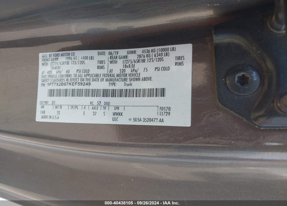 2019 FORD F-250 XLT VIN: 1FT7X2B67KEF59249