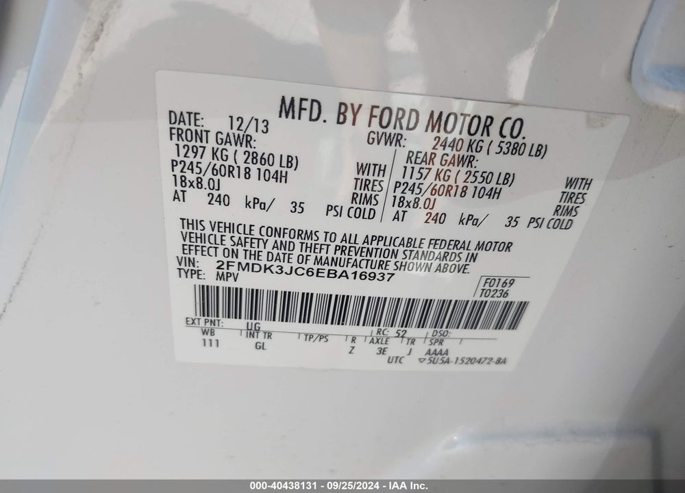 2014 FORD EDGE SEL VIN: 2FMDK3JC6EBA16937