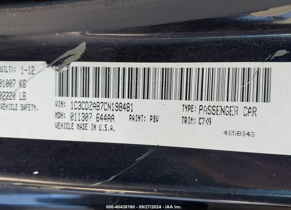 2012 DODGE AVENGER SE VIN: 1C3CDZAB7CN198481