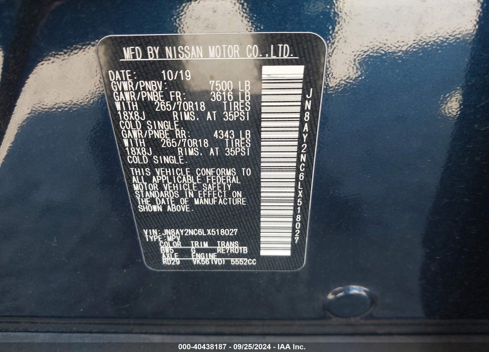 2020 NISSAN ARMADA SV 4WD VIN: JN8AY2NC6LX518027