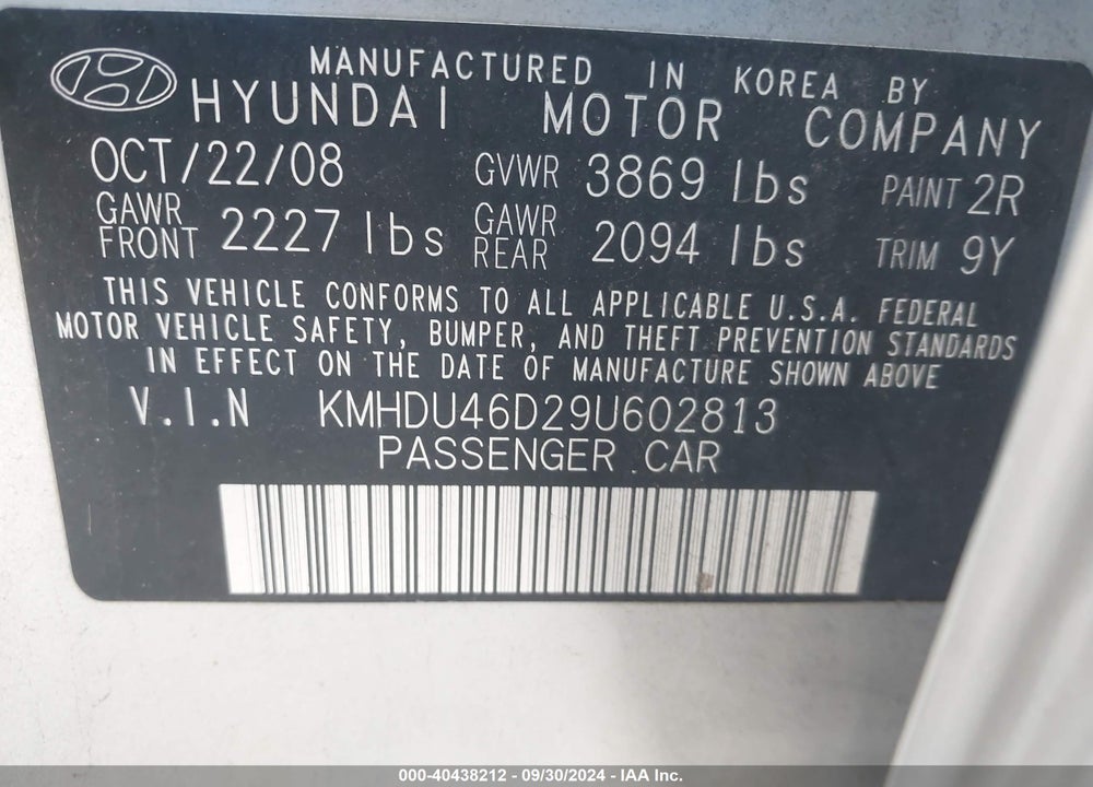 2009 HYUNDAI ELANTRA SE VIN: KMHDU46D29U602813