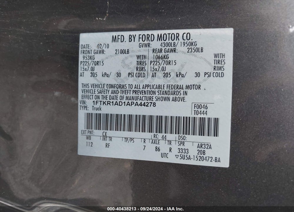 2010 FORD RANGER XL/XLT VIN: 1FTKR1AD1APA44278