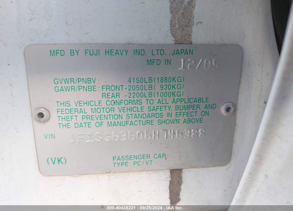 2006 SUBARU FORESTER 2.5X VIN: JF1SG63606H746388