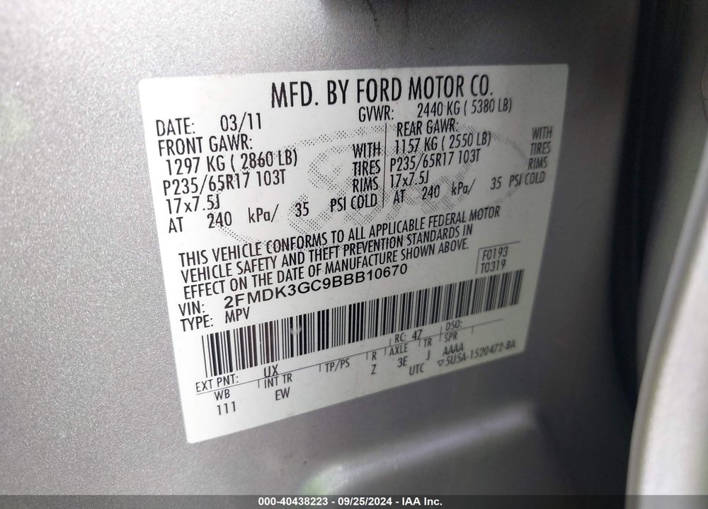 2011 FORD EDGE SE VIN: 2FMDK3GC9BBB10670