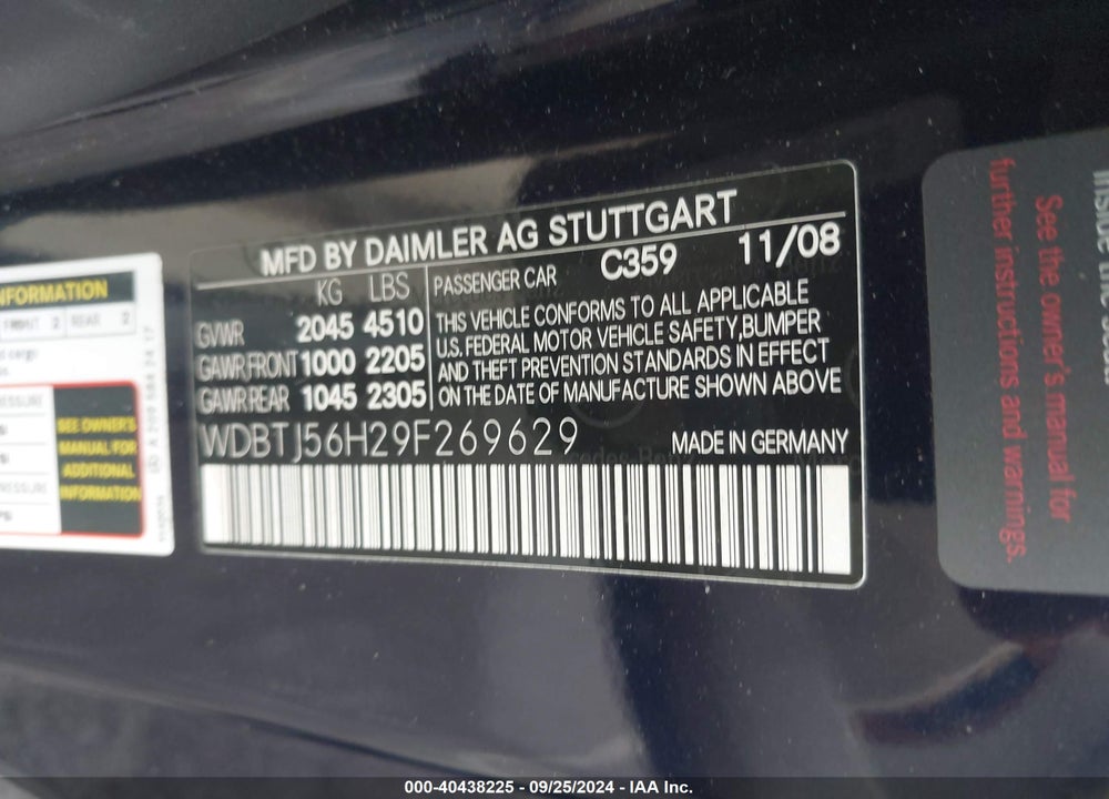 2009 MERCEDES-BENZ CLK 350 VIN: WDBTJ56H29F269629
