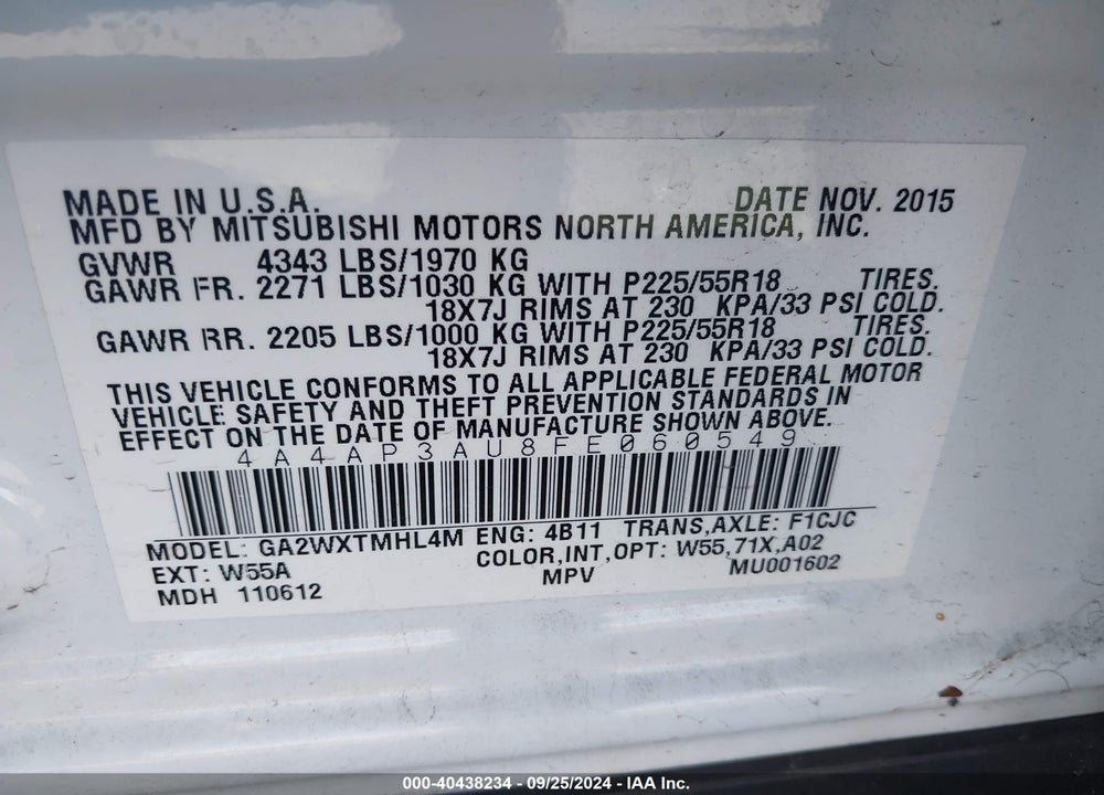 2015 MITSUBISHI OUTLANDER SPORT ES VIN: 4A4AP3AU8FE060549