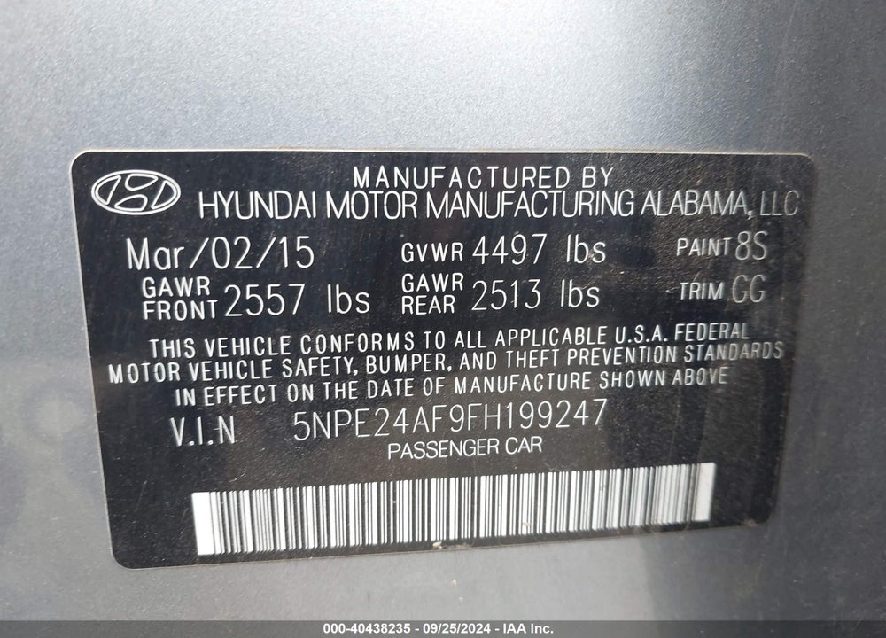 2015 HYUNDAI SONATA SE VIN: 5NPE24AF9FH199247
