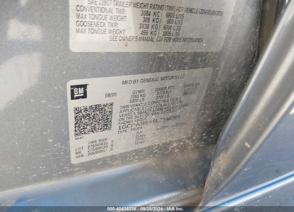 2020 CHEVROLET SILVERADO 1500 2WD SHORT BED CUSTOM VIN: 1GCPWBEK9LZ348284