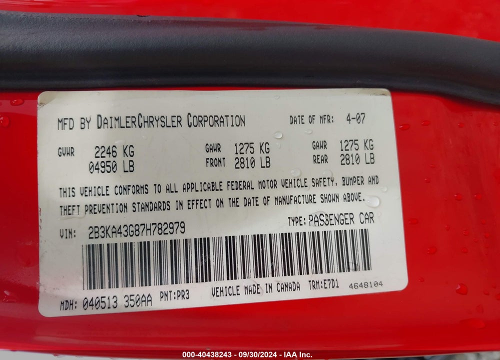 2007 DODGE CHARGER VIN: 2B3KA43G87H782979