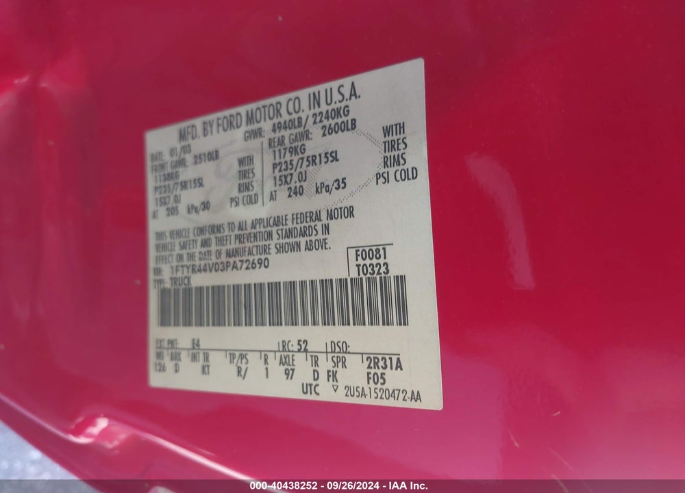 2003 FORD RANGER EDGE/TREMOR/XLT VIN: 1FTYR44V03PA72690
