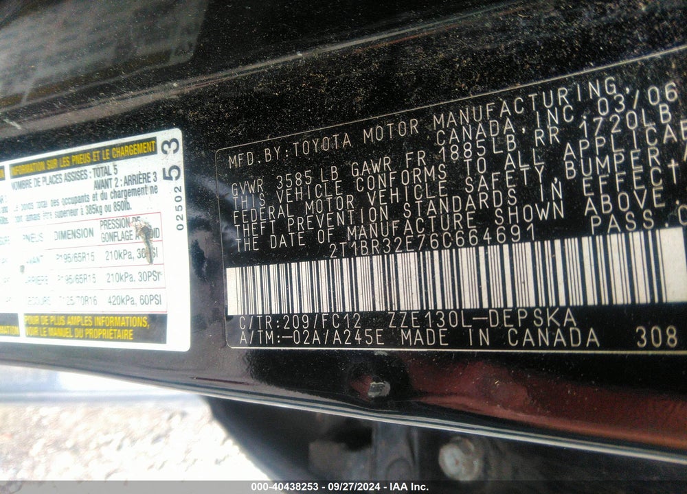 2006 TOYOTA COROLLA S VIN: 2T1BR32E76C664691