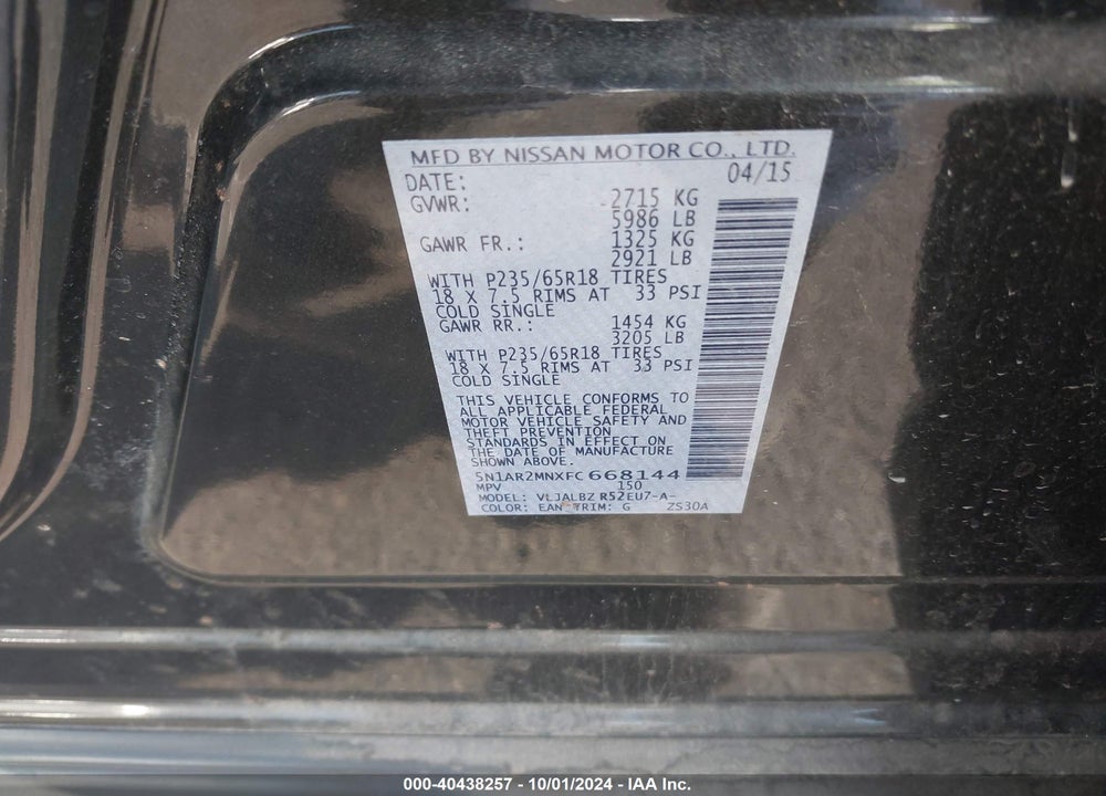 2015 NISSAN PATHFINDER S VIN: 5N1AR2MNXFC668144