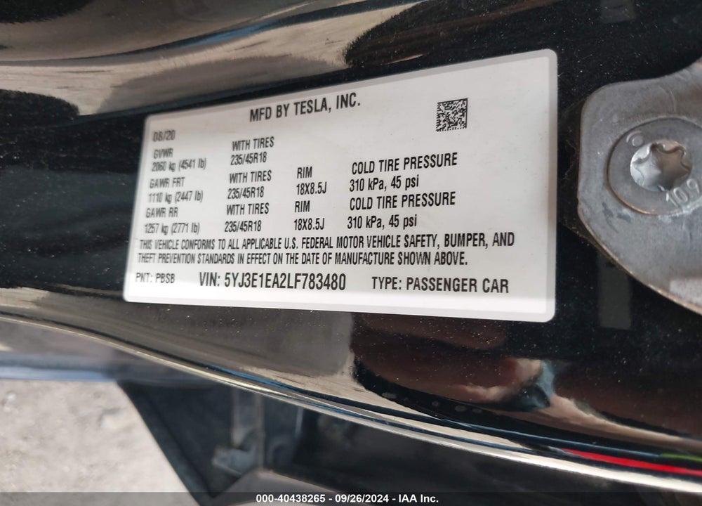 2020 TESLA MODEL 3 STANDARD RANGE PLUS REAR-WHEEL DRIVE/STANDARD RANGE REAR-WHEEL DRIVE VIN: 5YJ3E1EA2LF783480