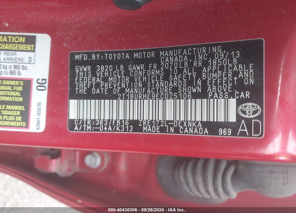 2014 TOYOTA COROLLA LE VIN: 2T1BURHE9EC025106