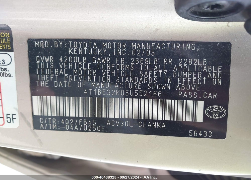 2005 TOYOTA CAMRY LE VIN: 4T1BE32K05U552166