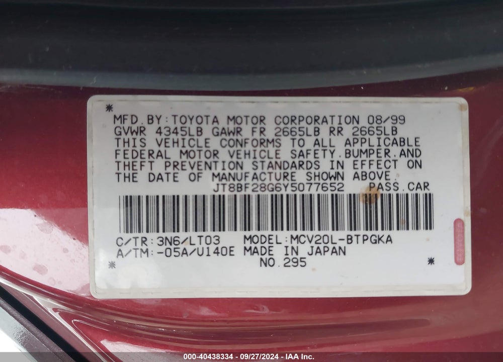 2000 LEXUS ES 300 VIN: JT8BF28G6Y5077652