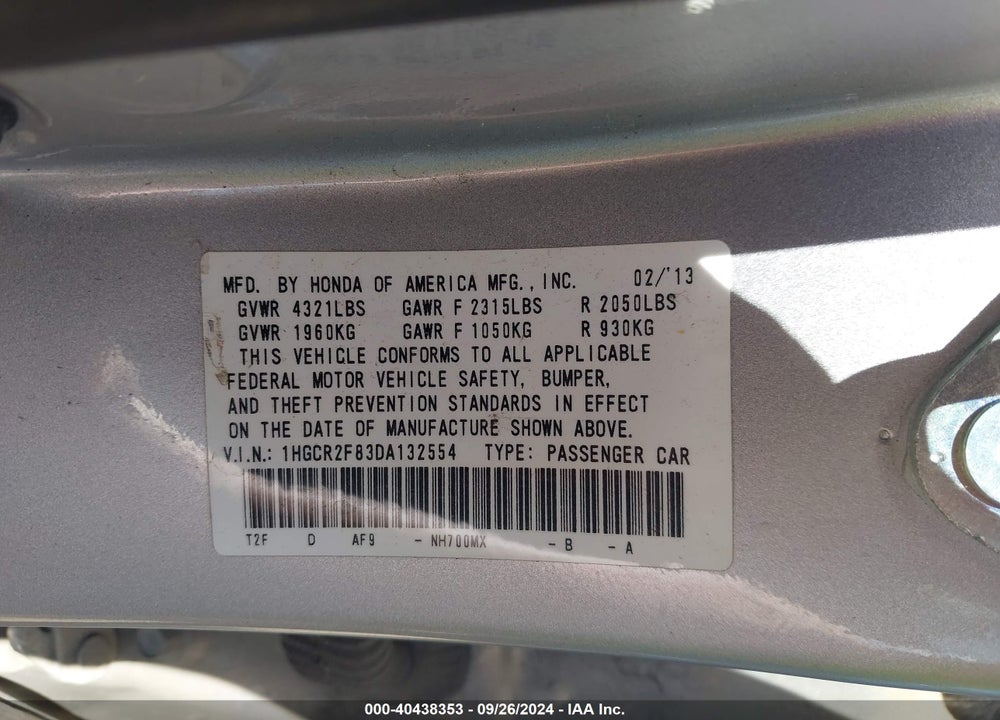 2013 HONDA ACCORD EX-L VIN: 1HGCR2F83DA132554