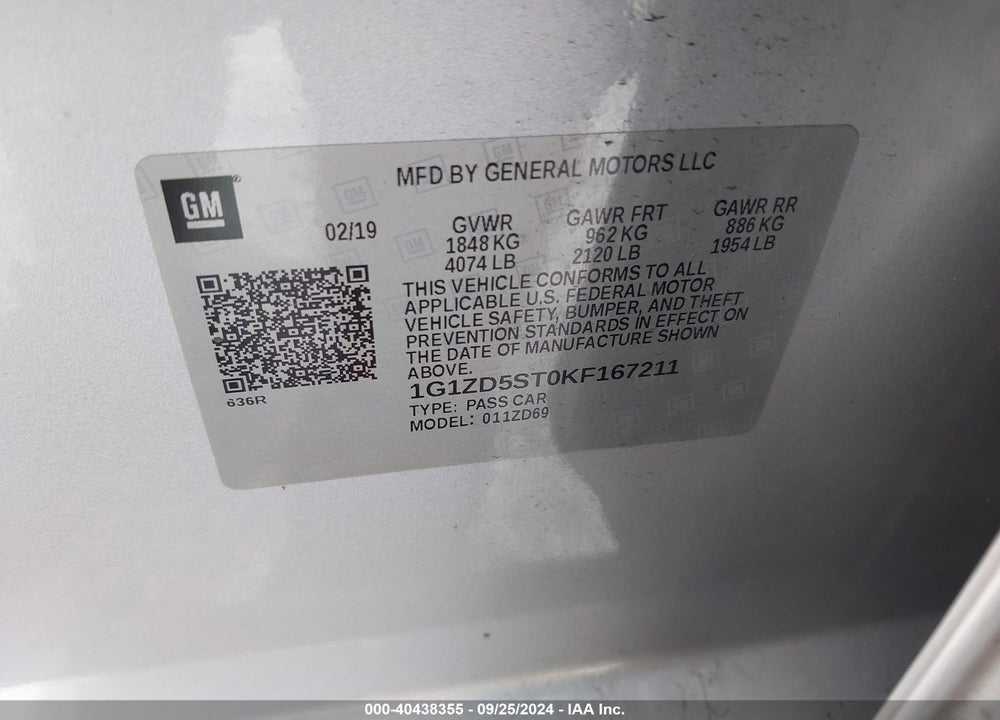 2019 CHEVROLET MALIBU LT VIN: 1G1ZD5ST0KF167211