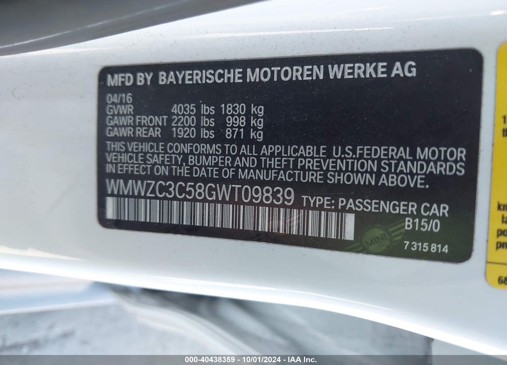 2016 MINI COUNTRYMAN COOPER S VIN: WMWZC3C58GWT09839