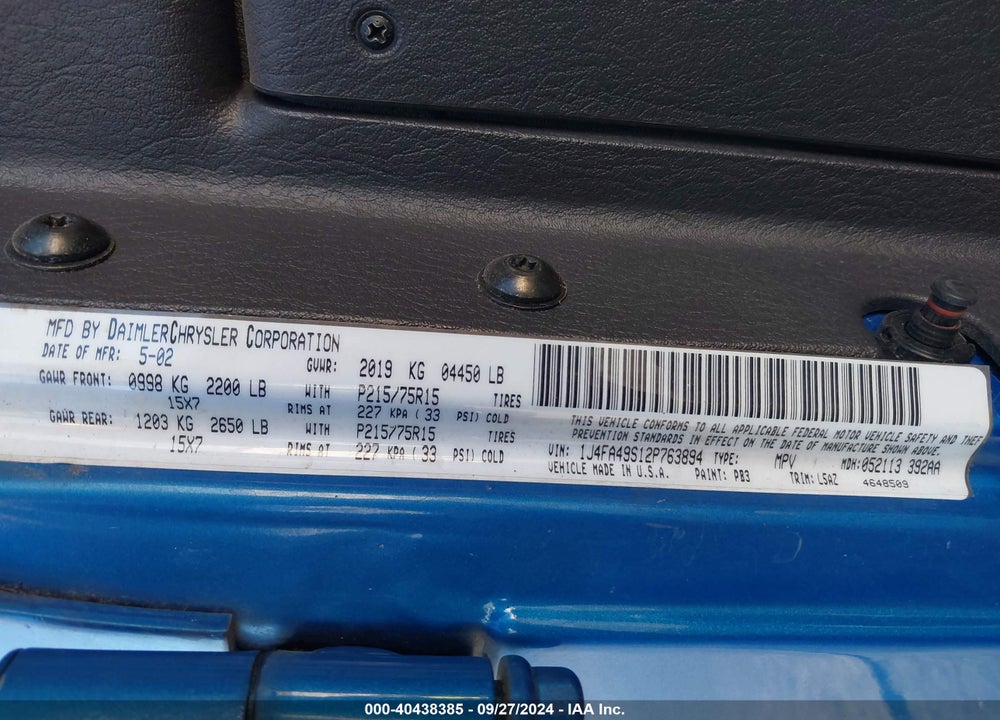 2002 JEEP WRANGLER SPORT VIN: 1J4FA49S12P763894