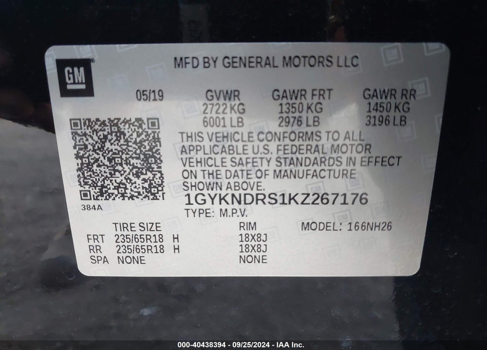 2019 CADILLAC XT5 LUXURY VIN: 1GYKNDRS1KZ267176