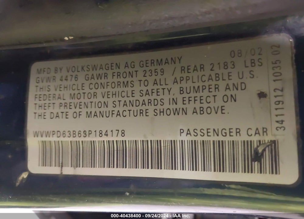 2003 VOLKSWAGEN PASSAT GLS VIN: WVWPD63B63P184178
